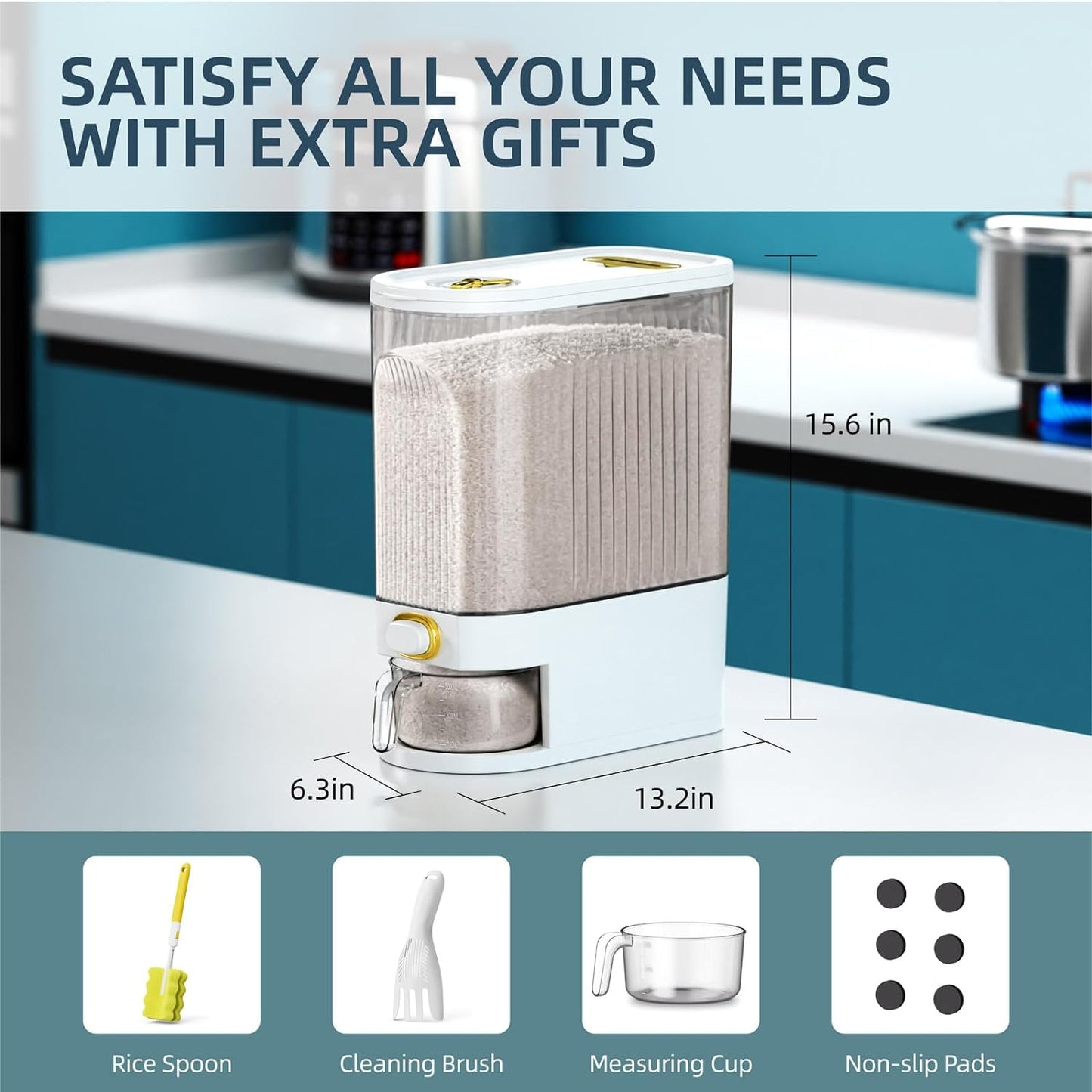22Lb Rice Dispenser with Measuring Cup & Fresh Box – Airtight Kitchen Pantry Storage Container
