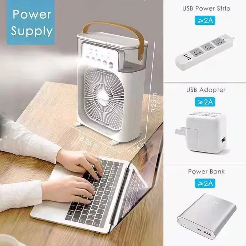 3-in-1 Portable Air Cooler – Mini Humidifier Fan with LED Night Light, USB Rechargeable for Home & Office