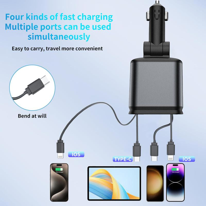 4-in-1 Starlight Car Charger – Retractable Lightning Cable, Dual Port, Fast Charging & Ambient Red Glow
