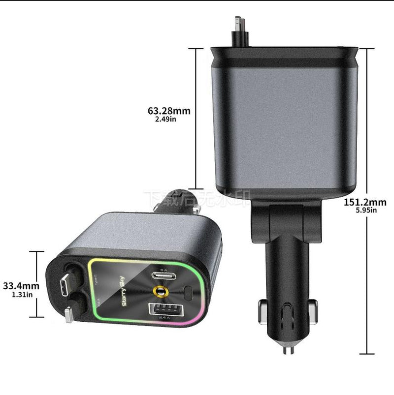 4-in-1 Starlight Car Charger – Retractable Lightning Cable, Dual Port, Fast Charging & Ambient Red Glow