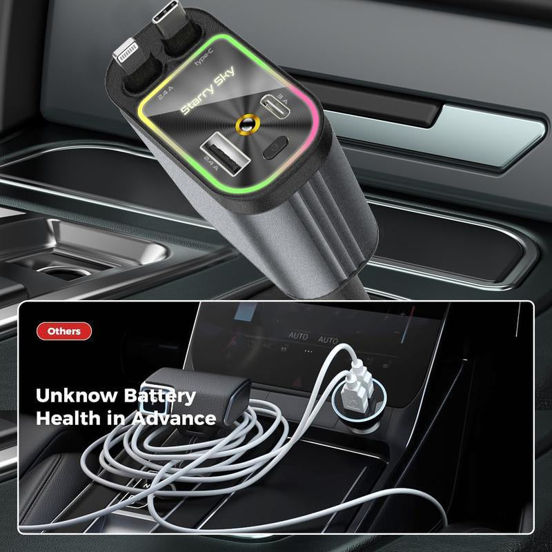 4-in-1 Starlight Car Charger – Retractable Lightning Cable, Dual Port, Fast Charging & Ambient Red Glow