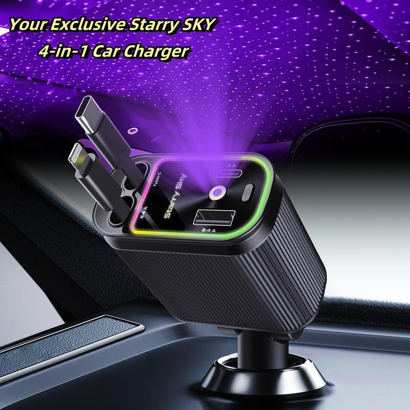 4-in-1 Starlight Car Charger – Retractable Lightning Cable, Dual Port, Fast Charging & Ambient Red Glow