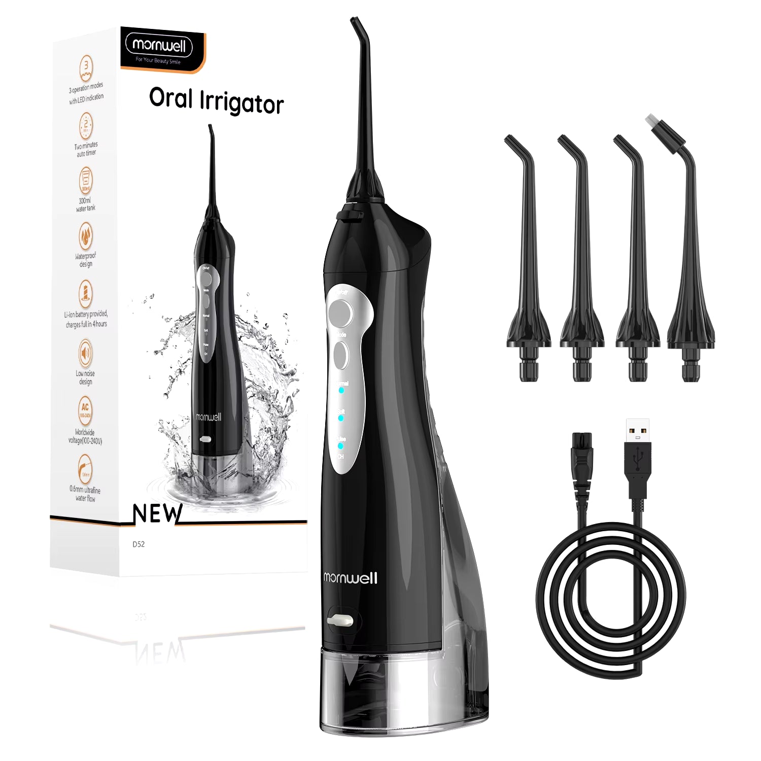 Portable Oral Irrigator – USB Rechargeable Dental Water Flosser with 4 Jet Tips & 3 Modes
