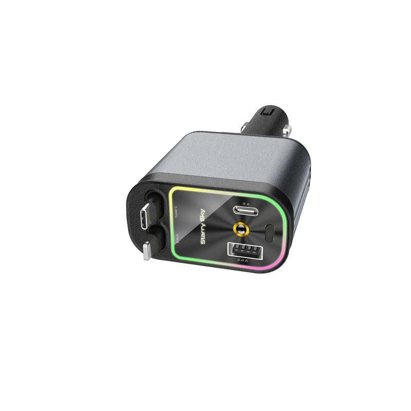 4-in-1 Starlight Car Charger – Retractable Lightning Cable, Dual Port, Fast Charging & Ambient Red Glow