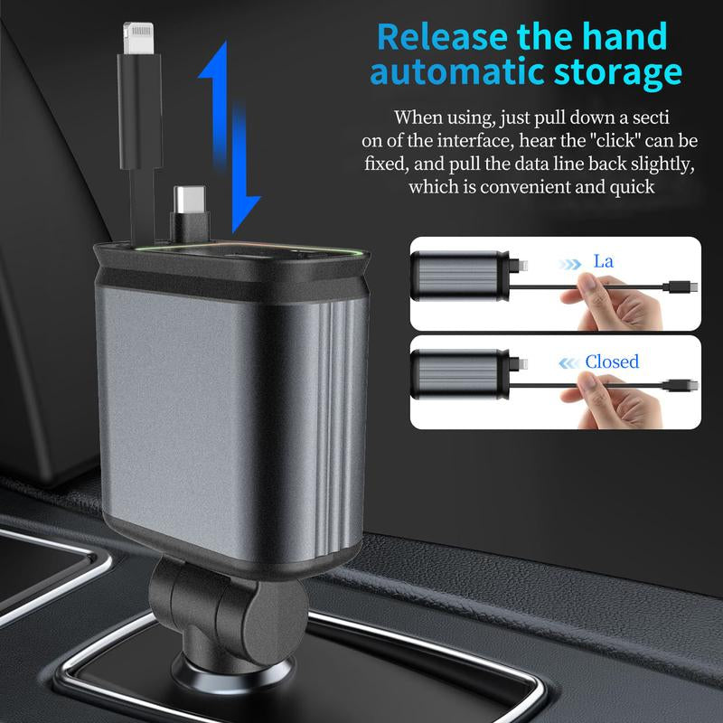 4-in-1 Starlight Car Charger – Retractable Lightning Cable, Dual Port, Fast Charging & Ambient Red Glow