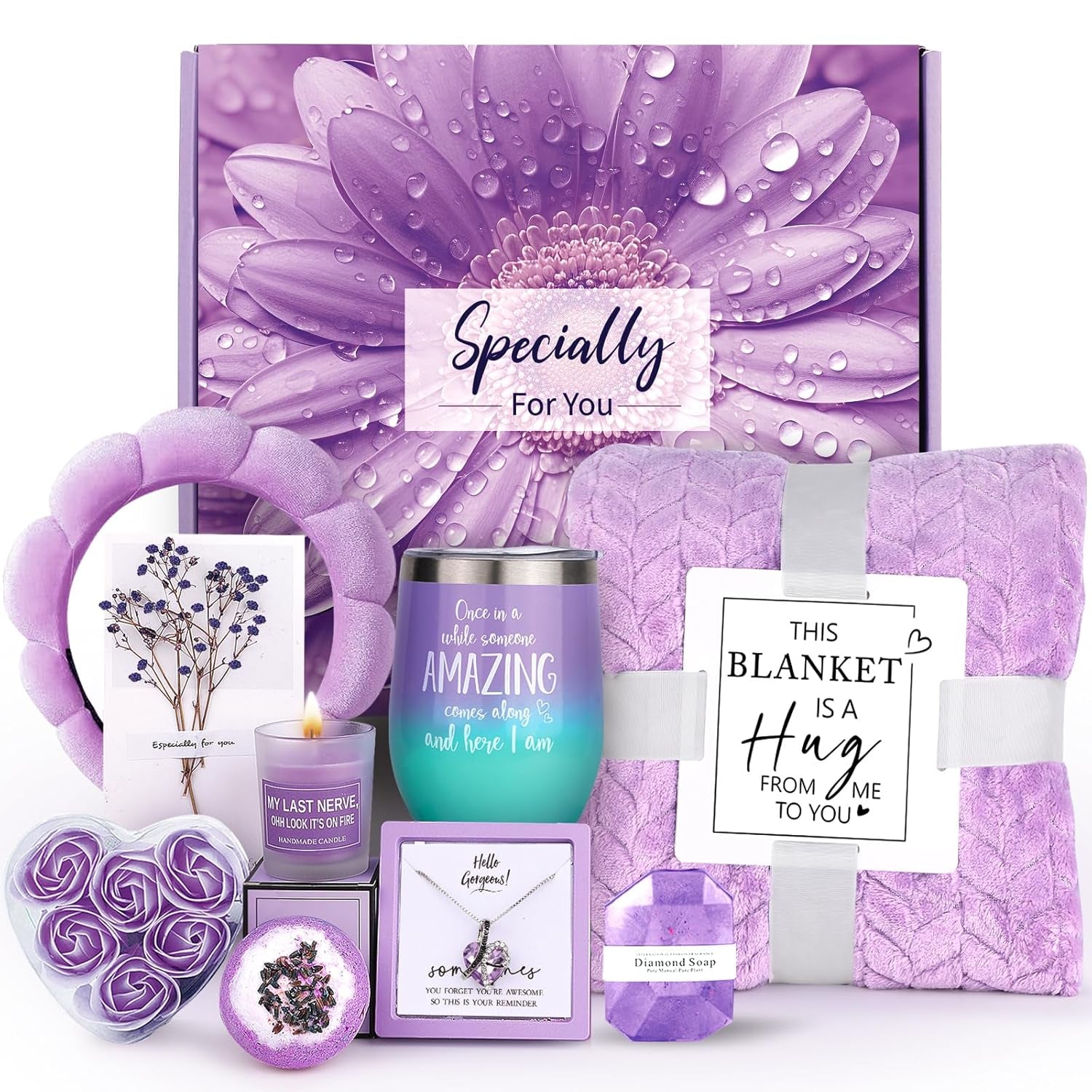 Spa Gift Basket for Women – Relaxing Self-Care Gift Set with Blanket, Purple Gifts for Wife, Girlfriend, Mom, Sister, Friends, Birthday or Get Well Soon