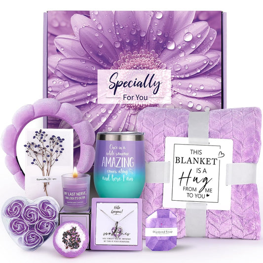 Spa Gift Basket for Women – Relaxing Self-Care Gift Set with Blanket, Purple Gifts for Wife, Girlfriend, Mom, Sister, Friends, Birthday or Get Well Soon