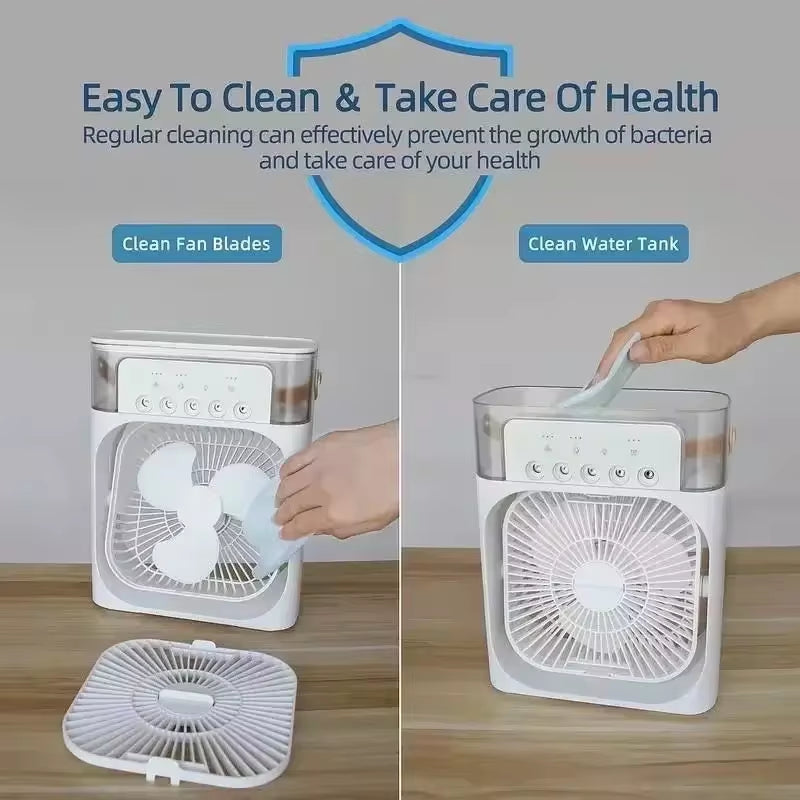 3-in-1 Portable Air Cooler – Mini Humidifier Fan with LED Night Light, USB Rechargeable for Home & Office