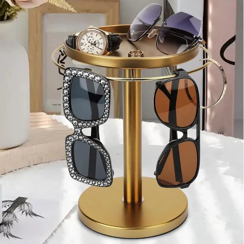 🕶️ 360° Rotating Sunglass Organizer with Jewelry Tray – Elegant Display & Storage Stand