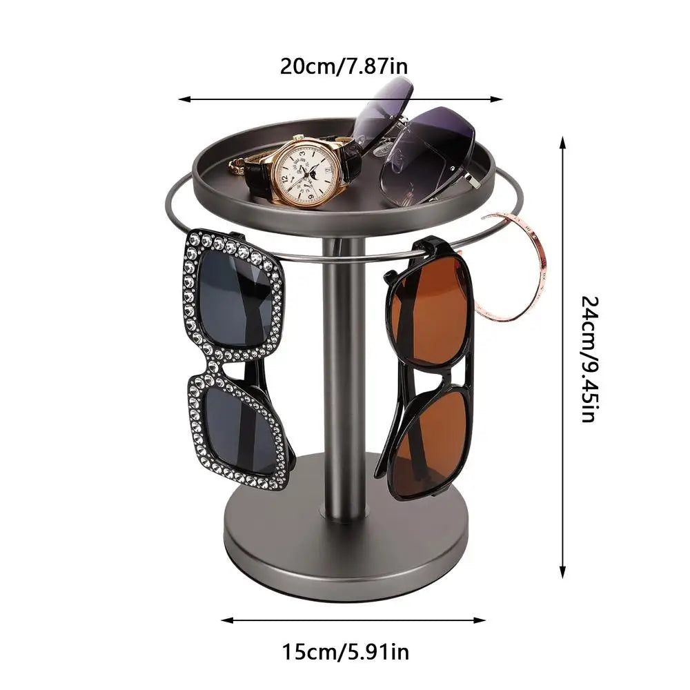 🕶️ 360° Rotating Sunglass Organizer with Jewelry Tray – Elegant Display & Storage Stand