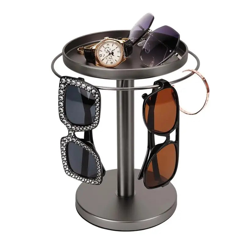 🕶️ 360° Rotating Sunglass Organizer with Jewelry Tray – Elegant Display & Storage Stand