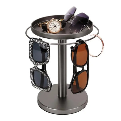 🕶️ 360° Rotating Sunglass Organizer with Jewelry Tray – Elegant Display & Storage Stand