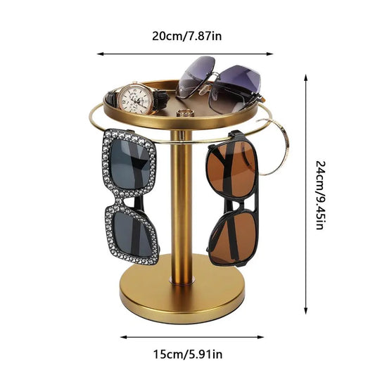 🕶️ 360° Rotating Sunglass Organizer with Jewelry Tray – Elegant Display & Storage Stand