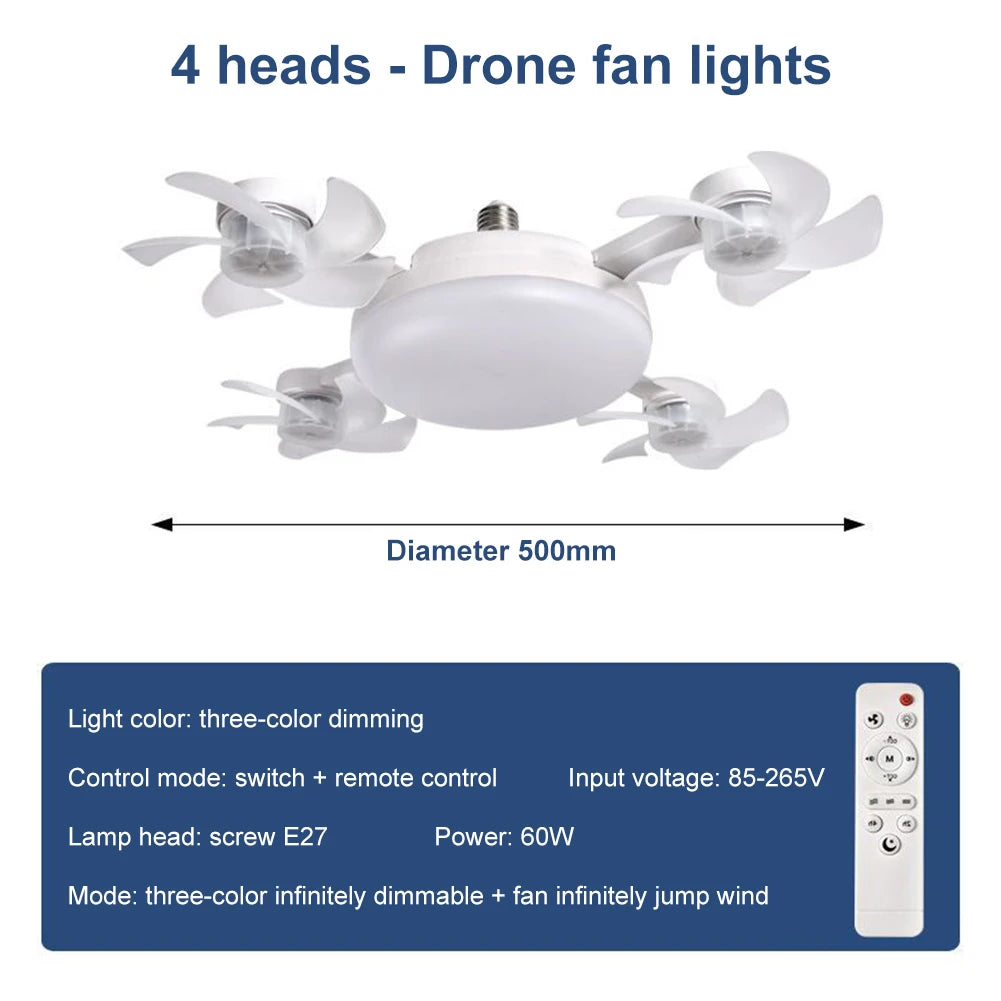 🌀 Universal Drone Ceiling Fan with LED Light & Remote – Silent, Dimmable, Stylish Comfort