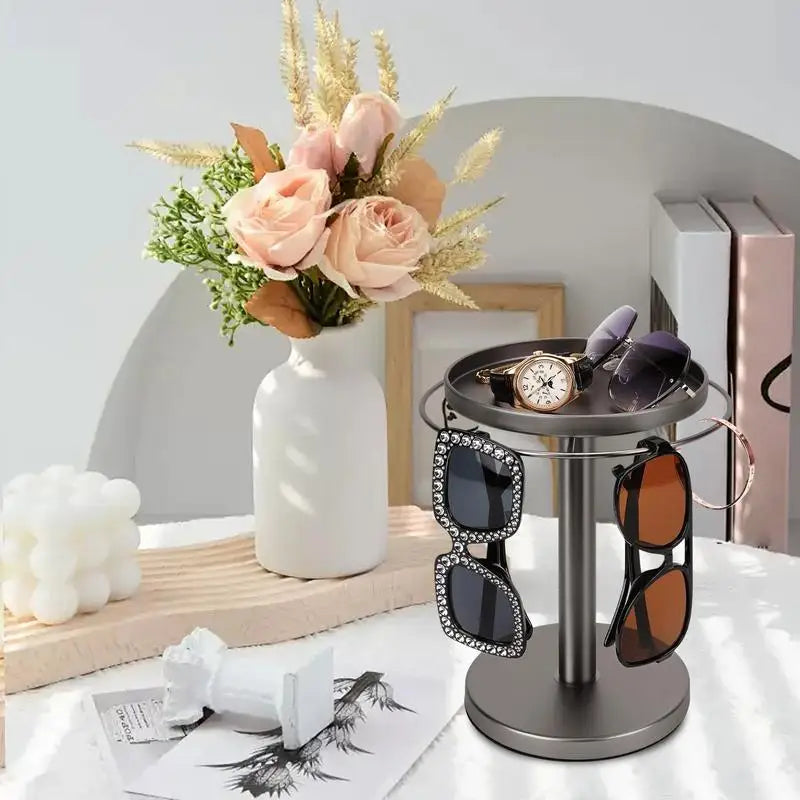 🕶️ 360° Rotating Sunglass Organizer with Jewelry Tray – Elegant Display & Storage Stand