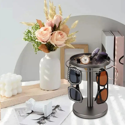 🕶️ 360° Rotating Sunglass Organizer with Jewelry Tray – Elegant Display & Storage Stand