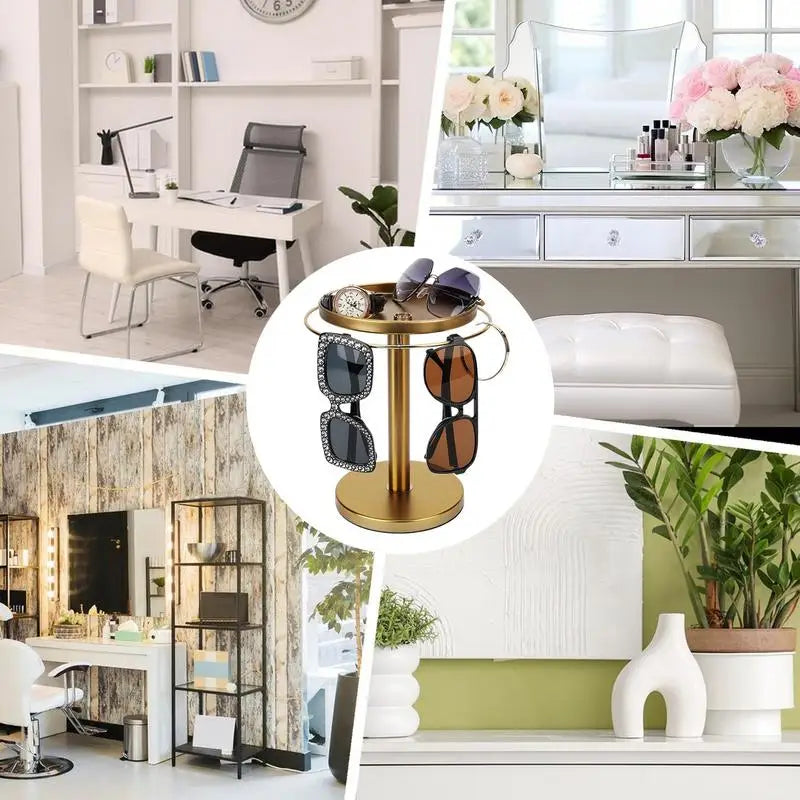 🕶️ 360° Rotating Sunglass Organizer with Jewelry Tray – Elegant Display & Storage Stand