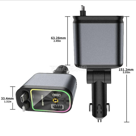 4-in-1 Starlight Car Charger – Retractable Lightning Cable, Dual Port, Fast Charging & Ambient Red Glow