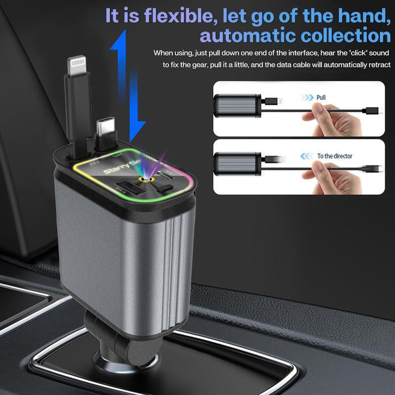 4-in-1 Starlight Car Charger – Retractable Lightning Cable, Dual Port, Fast Charging & Ambient Red Glow