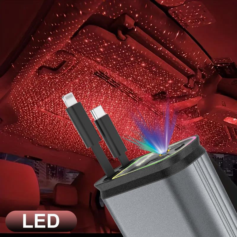 4-in-1 Starlight Car Charger – Retractable Lightning Cable, Dual Port, Fast Charging & Ambient Red Glow