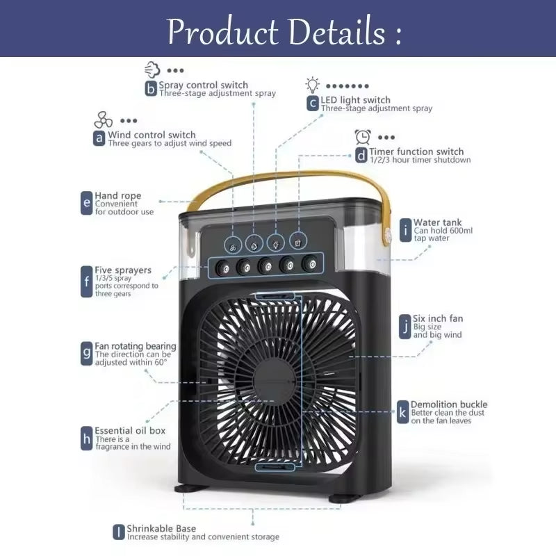 3-in-1 Portable Air Cooler – Mini Humidifier Fan with LED Night Light, USB Rechargeable for Home & Office