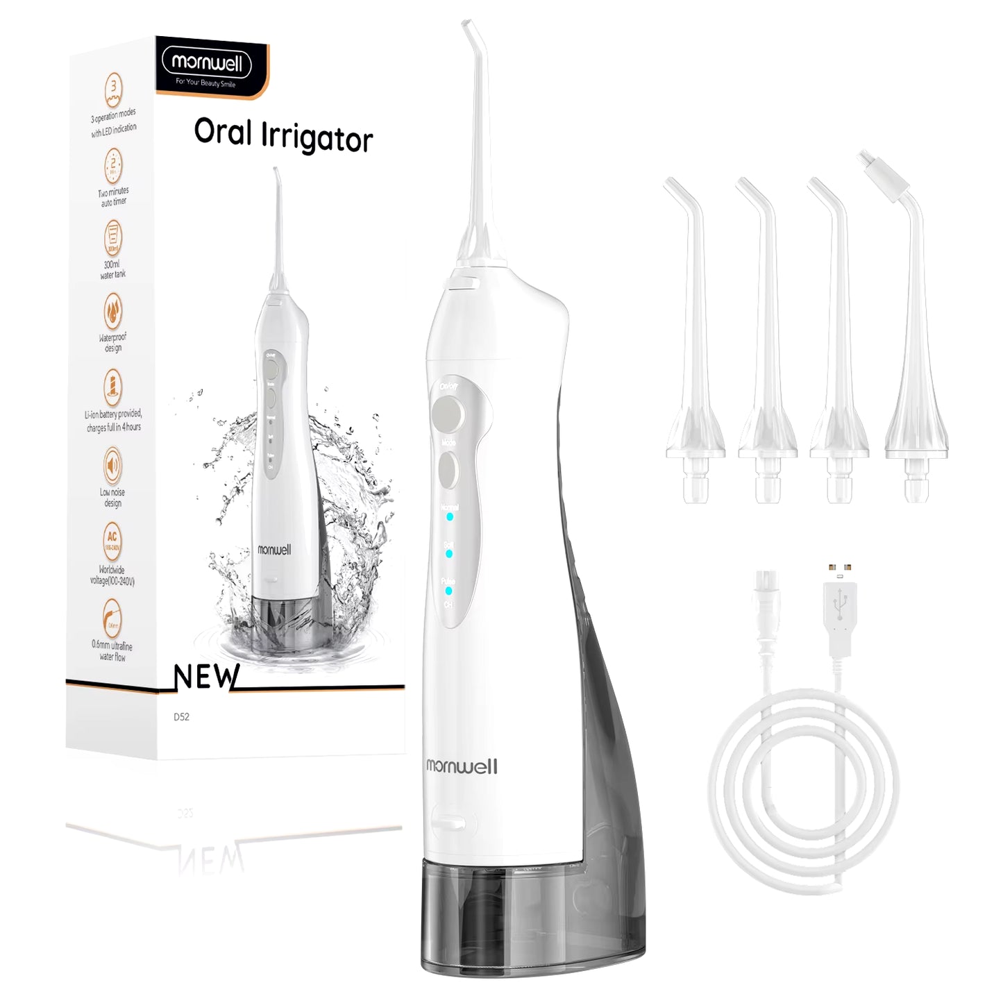 Portable Oral Irrigator – USB Rechargeable Dental Water Flosser with 4 Jet Tips & 3 Modes