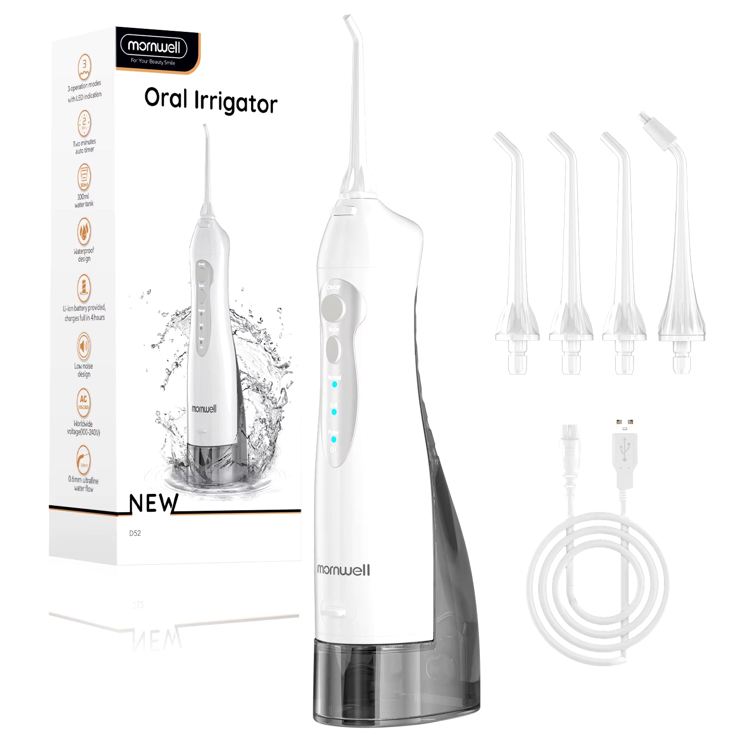 Portable Oral Irrigator – USB Rechargeable Dental Water Flosser with 4 Jet Tips & 3 Modes