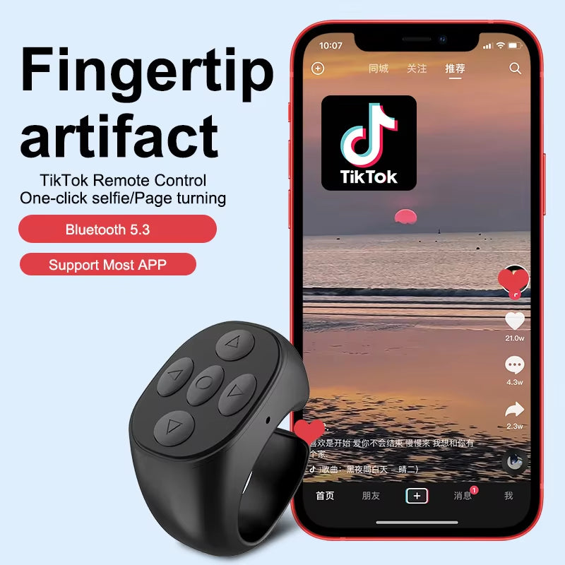 2025 Bluetooth TikTok Ring Remote – 4-Button Fingertip Scroller & Selfie Clicker, 10M Range, for iPhone/Android