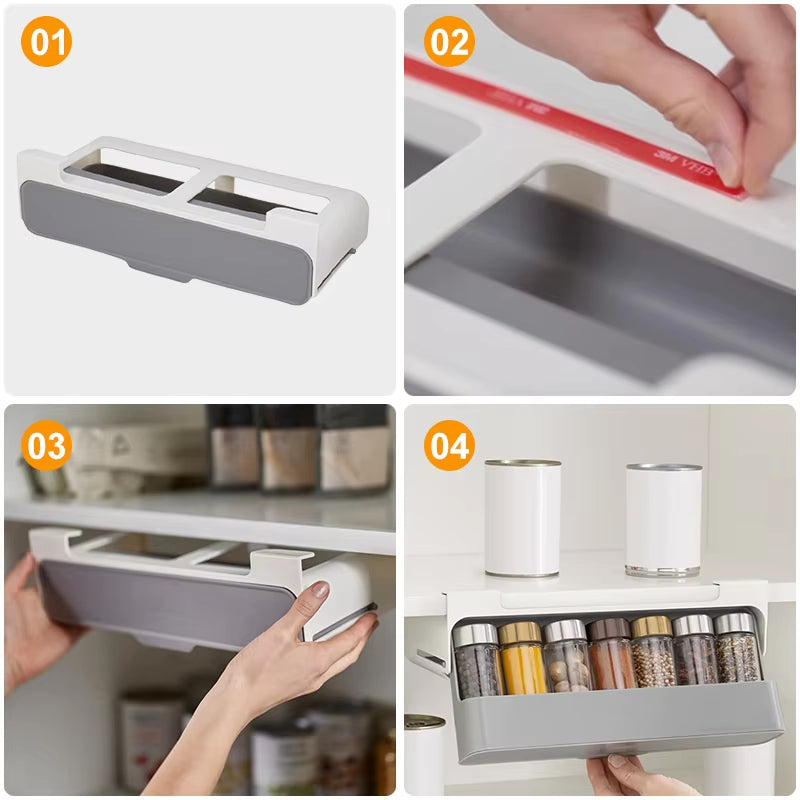 Under-Shelf Self-Adhesive Spice Rack – Pull-Out Drawer Organizer for Kitchen Storage