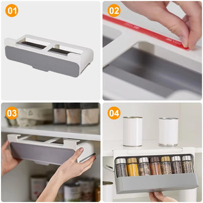 Under-Shelf Self-Adhesive Spice Rack – Pull-Out Drawer Organizer for Kitchen Storage